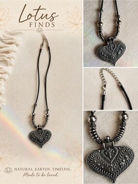 Boho Silver-Tone Heart Pendant Black Cord Statement Necklace NWOT